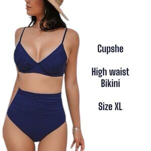 Cupshe 2 piece high waist navy blue bikini size XL